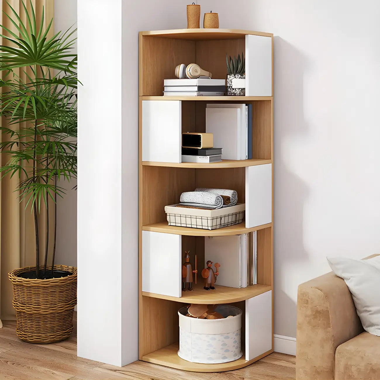 Bibliothèque d'angle étroite et moderne à 5 niveaux en bois brun