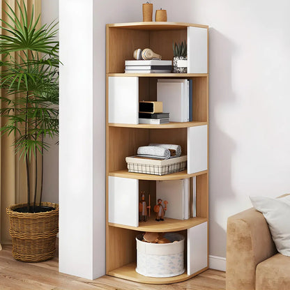 Bibliothèque d'angle étroite et moderne à 5 niveaux en bois brun