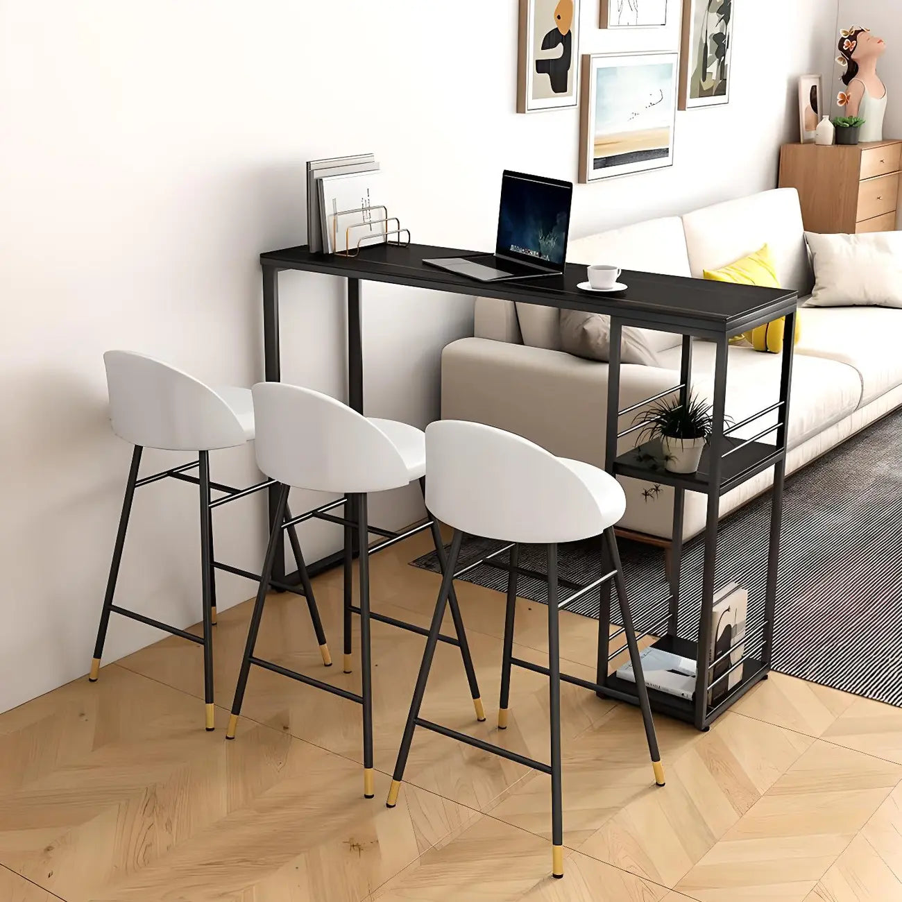 Table de bar moderne à deux étagères en métal et plateau en pierre, idéale pour une cuisine ou un pub.
