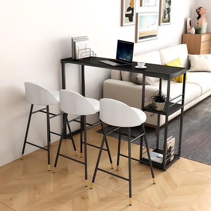 Table de bar moderne à deux étagères en métal et plateau en pierre, idéale pour une cuisine ou un pub.