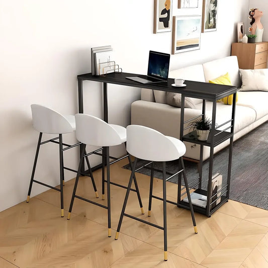 Table de bar moderne à deux étagères en métal et plateau en pierre, idéale pour une cuisine ou un pub.