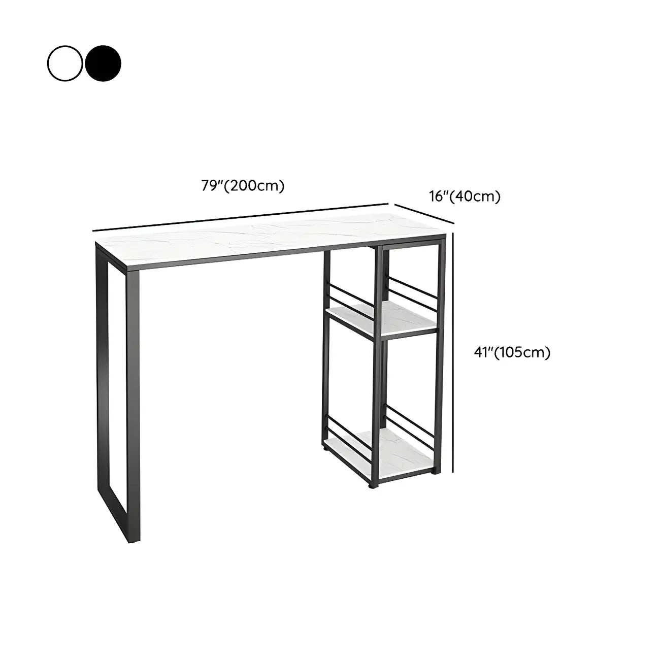 Table de bar moderne à deux étagères en métal et plateau en pierre, idéale pour une cuisine ou un pub.
