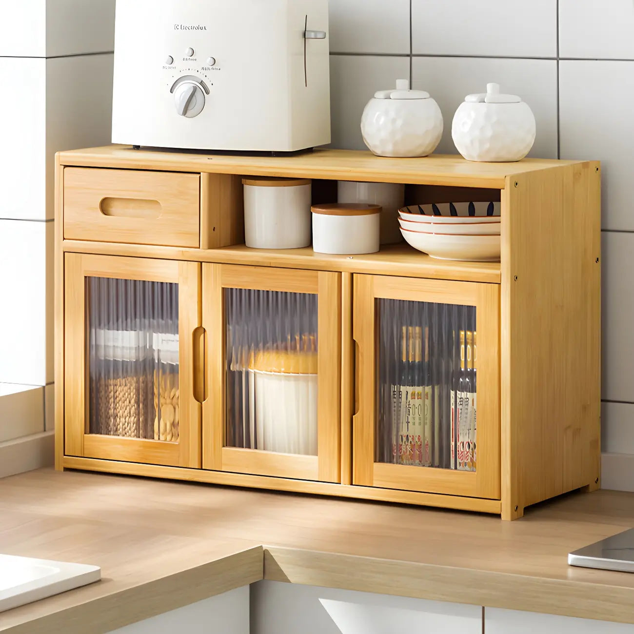 Vitrine moderne en bambou avec portes en acrylique