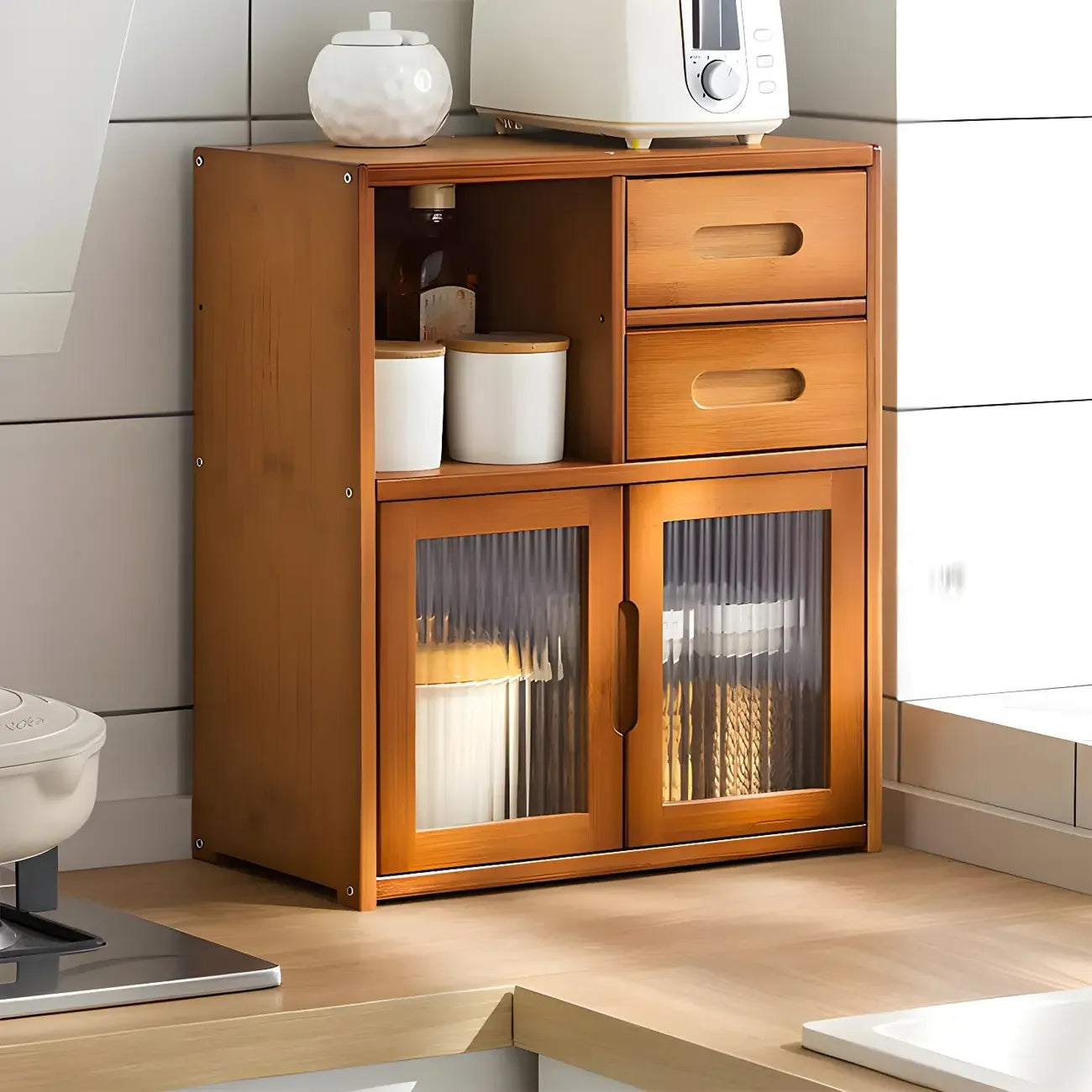 Vitrine moderne en bambou avec portes en acrylique