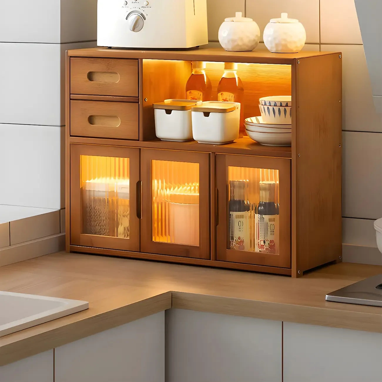 Vitrine moderne en bambou avec portes en acrylique