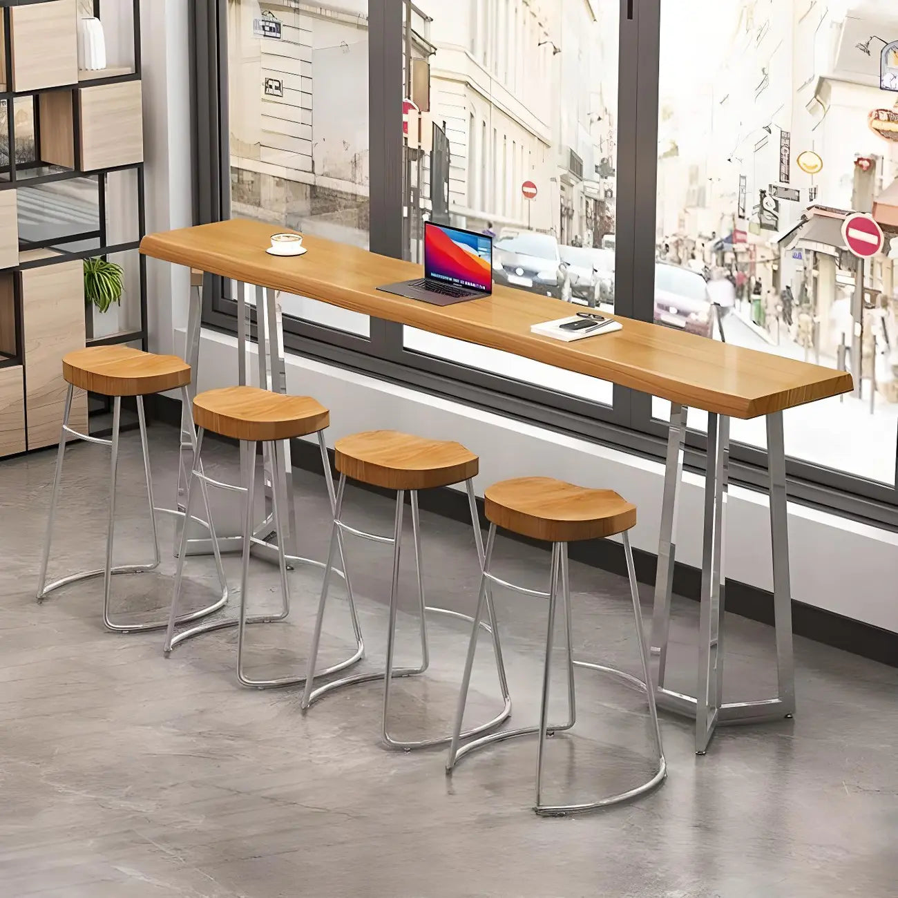 Table de bar élégante en bois avec piètement argenté pour pub