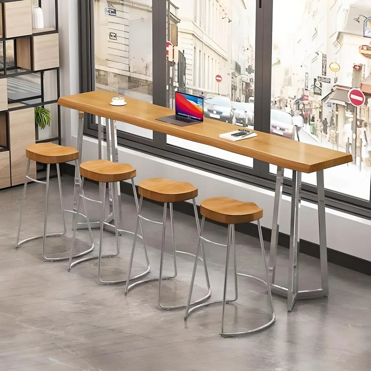 Table de bar élégante en bois avec piètement argenté pour pub