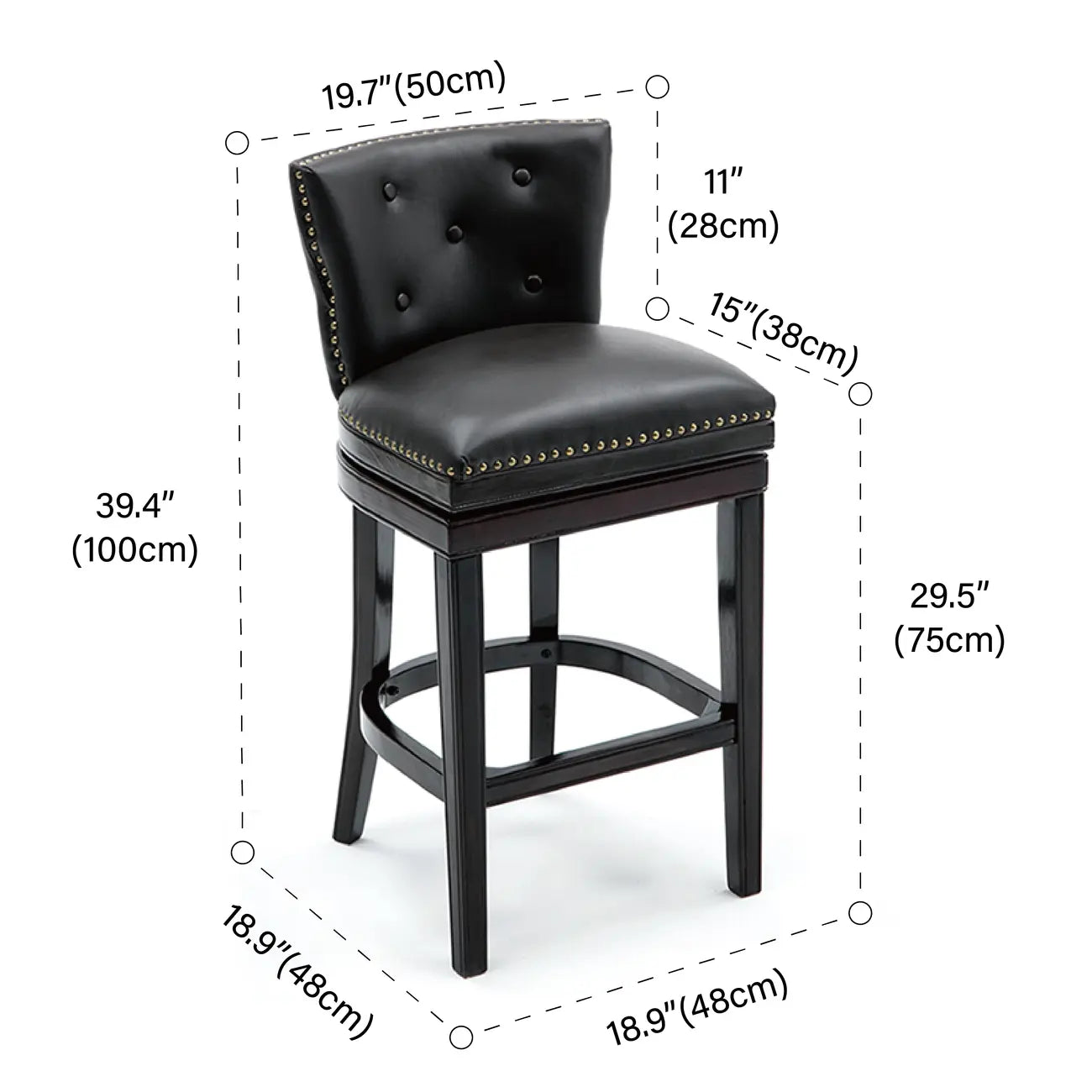 Tabouret de bar pivotant en bois massif et cuir véritable