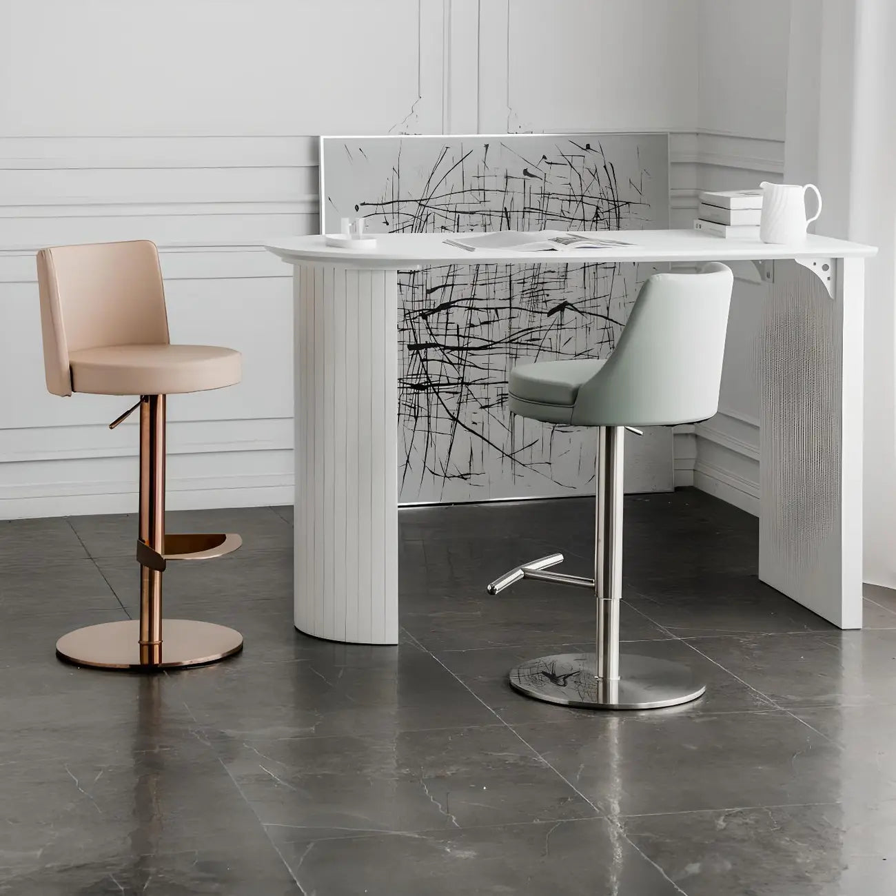 Tables de bar modernes blanches à double piétement en bois de forme libre