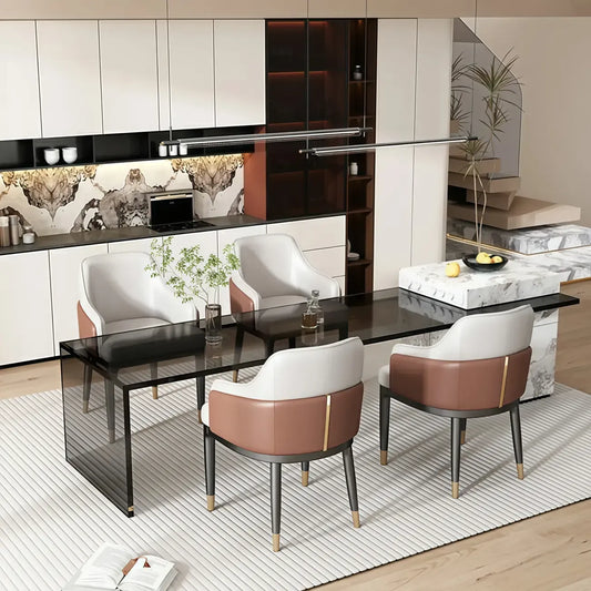 Chaise de salle à manger moderne en cuir véritable, accoudoirs inclinés et dossier bas