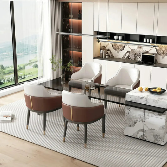 Chaise de salle à manger moderne en cuir véritable, accoudoirs inclinés et dossier bas