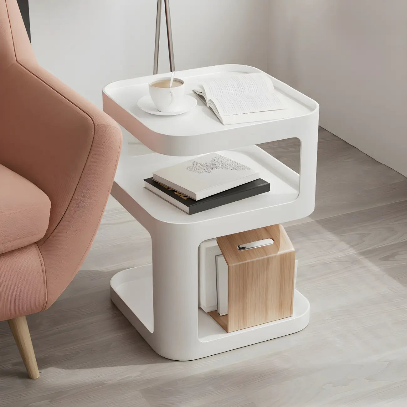 Table d'appoint carrée moderne en métal avec étagères de rangement