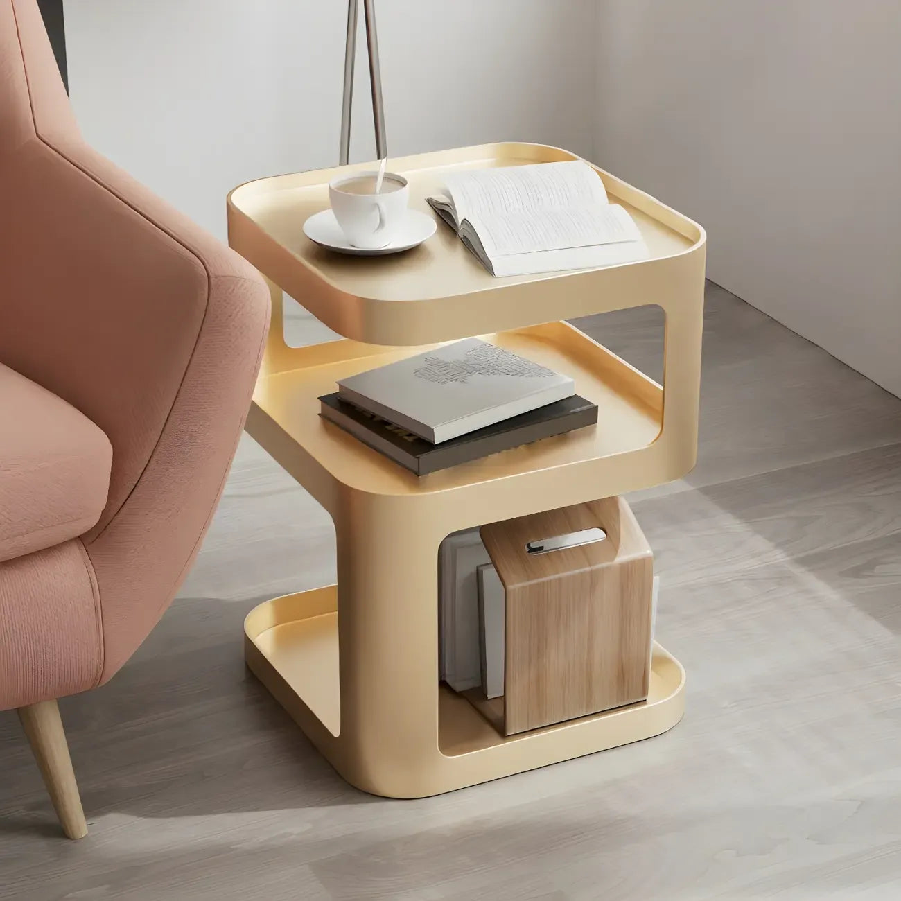 Table d'appoint carrée moderne en métal avec étagères de rangement