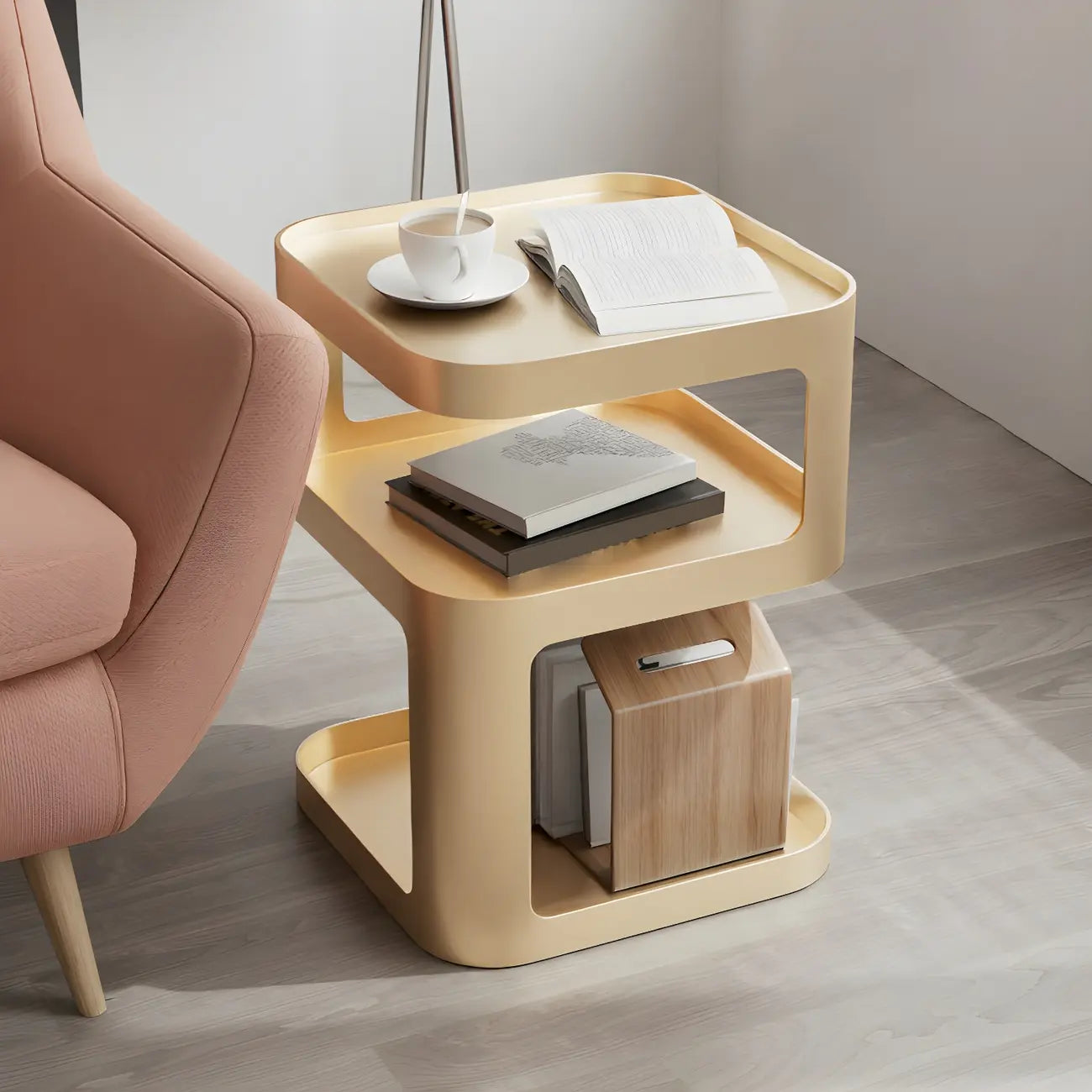 Table d'appoint carrée moderne en métal avec étagères de rangement