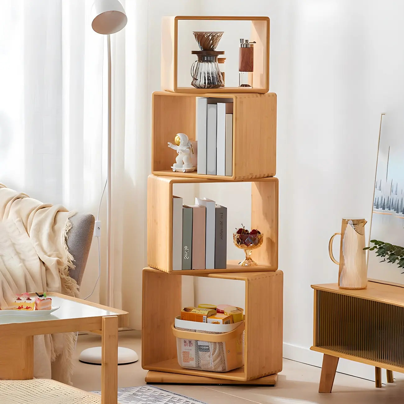 Bibliothèque d'exposition moderne en bois à 4 niveaux, de forme cubique ouverte