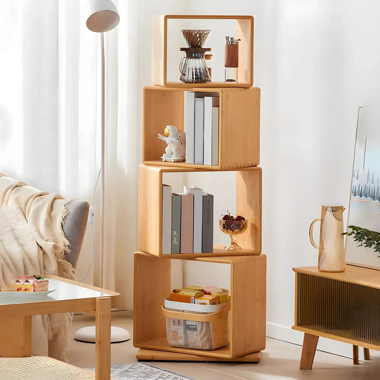 Bibliothèque d'exposition moderne en bois à 4 niveaux, de forme cubique ouverte