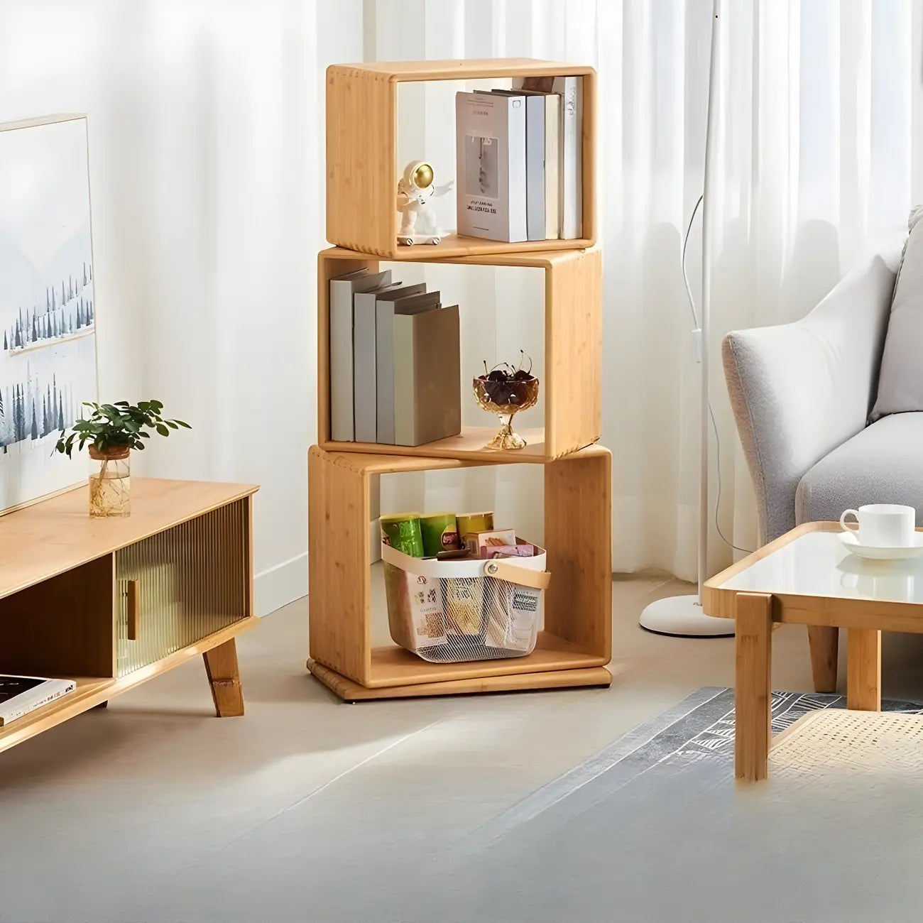 Bibliothèque d'exposition moderne en bois à 4 niveaux, de forme cubique ouverte