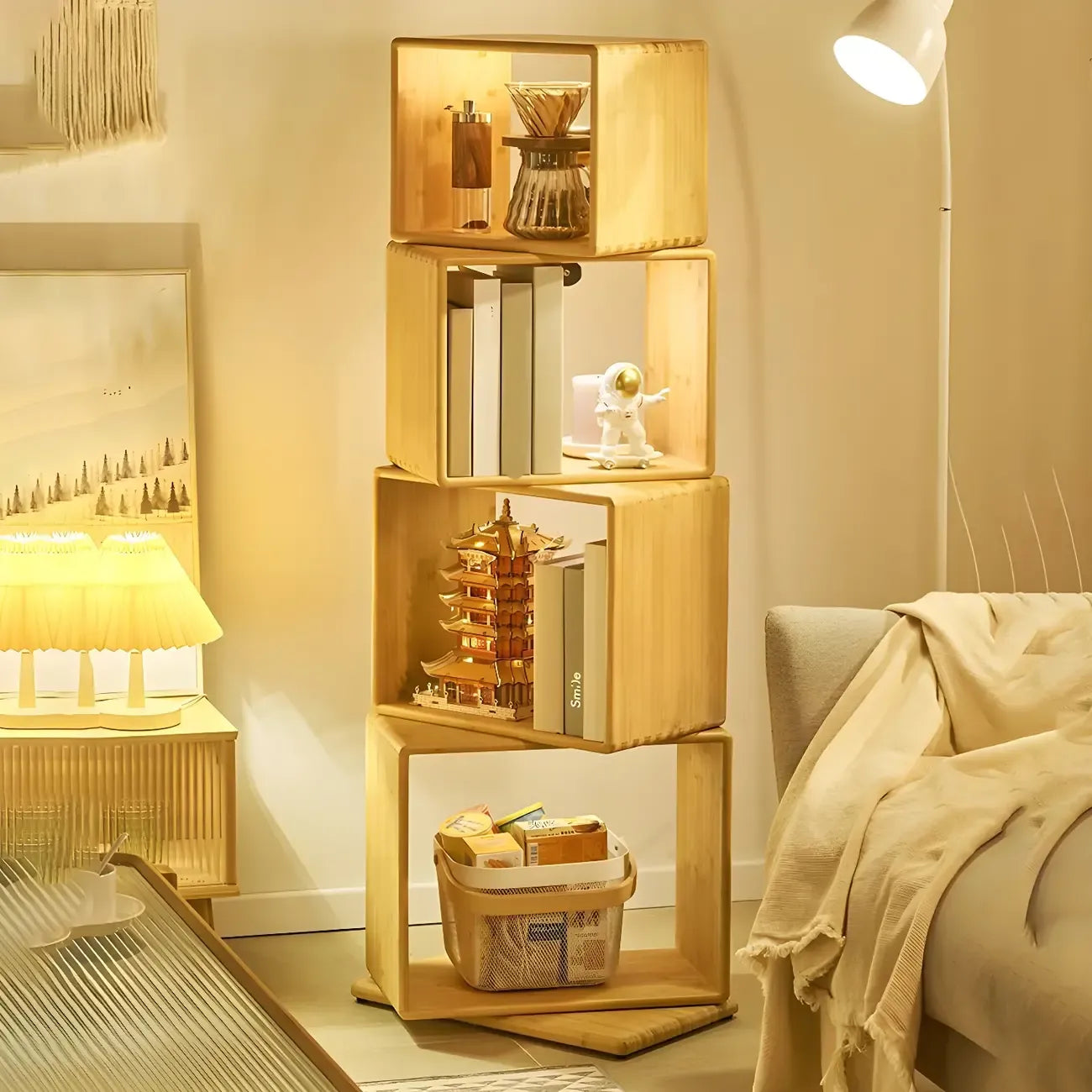 Bibliothèque d'exposition moderne en bois à 4 niveaux, de forme cubique ouverte