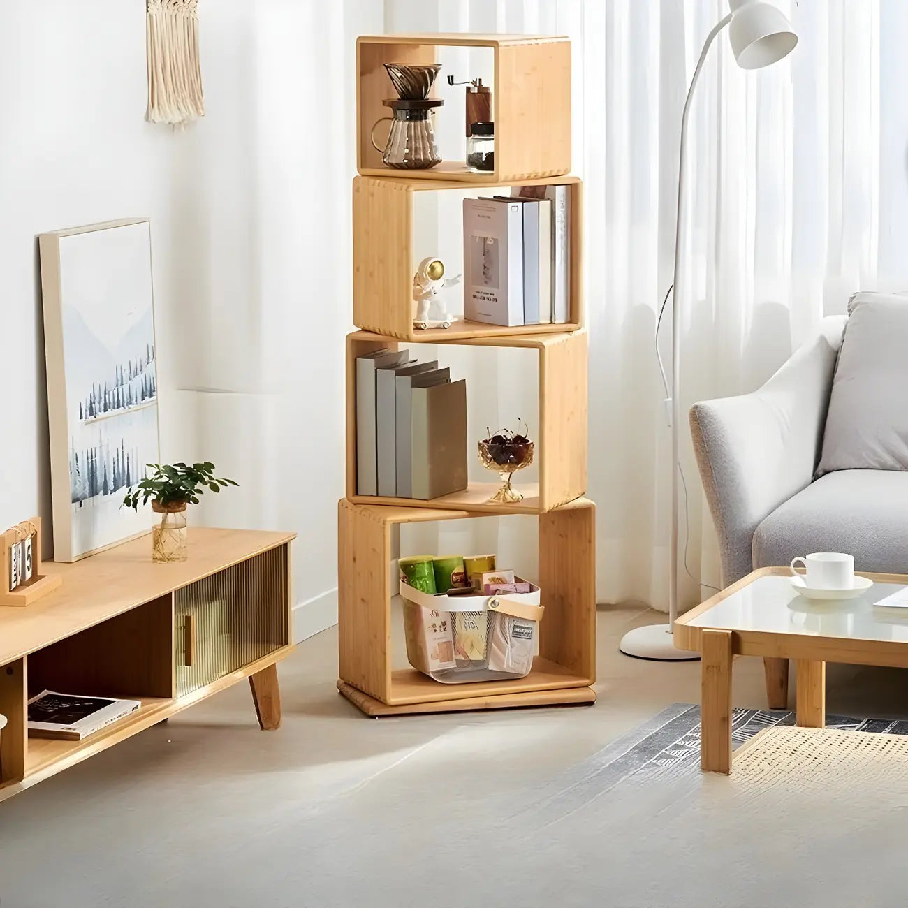 Bibliothèque d'exposition moderne en bois à 4 niveaux, de forme cubique ouverte