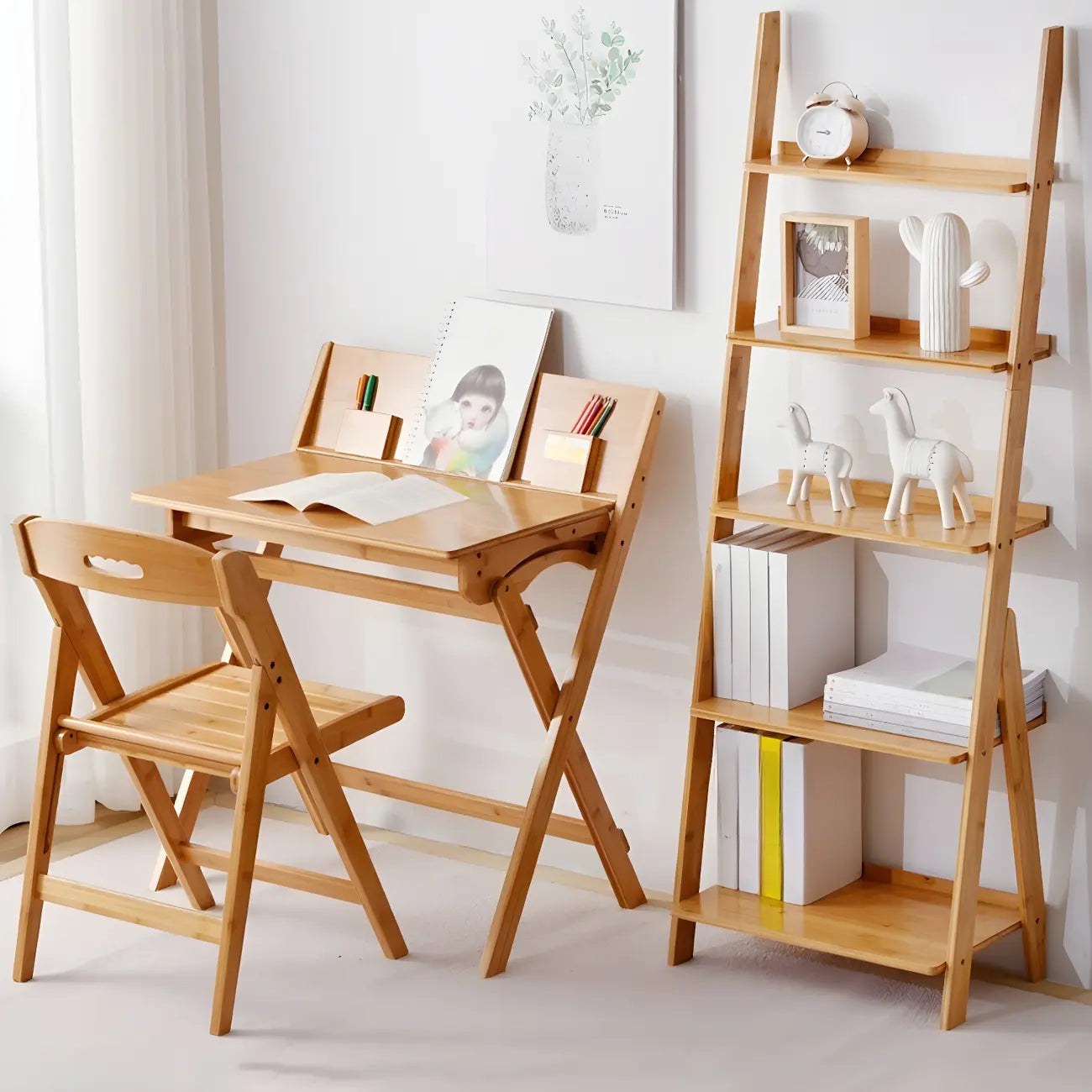 Bibliothèque échelle à 5 niveaux en bois massif avec dos ouvert