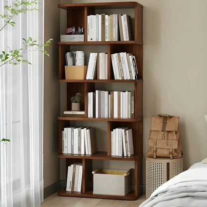 Bibliothèque moderne haute en noyer à 6 étagères et dos ouvert