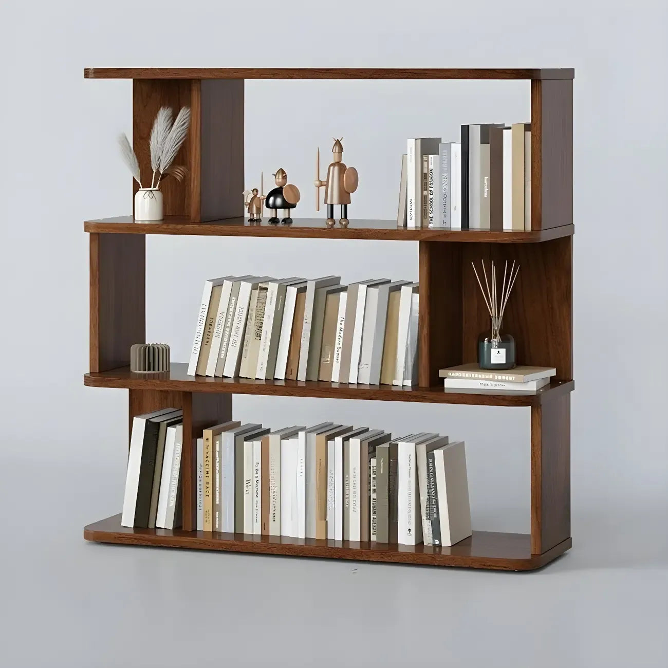 Bibliothèque moderne haute en noyer à 6 étagères et dos ouvert