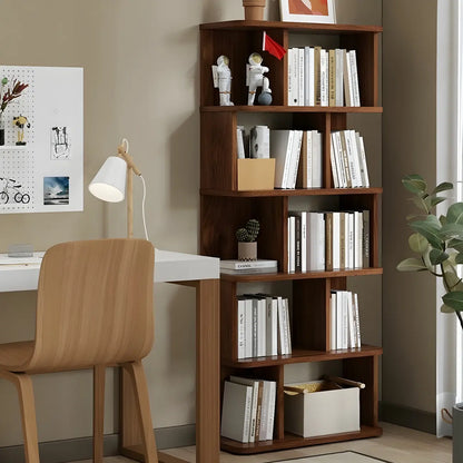 Bibliothèque moderne haute en noyer à 6 étagères et dos ouvert