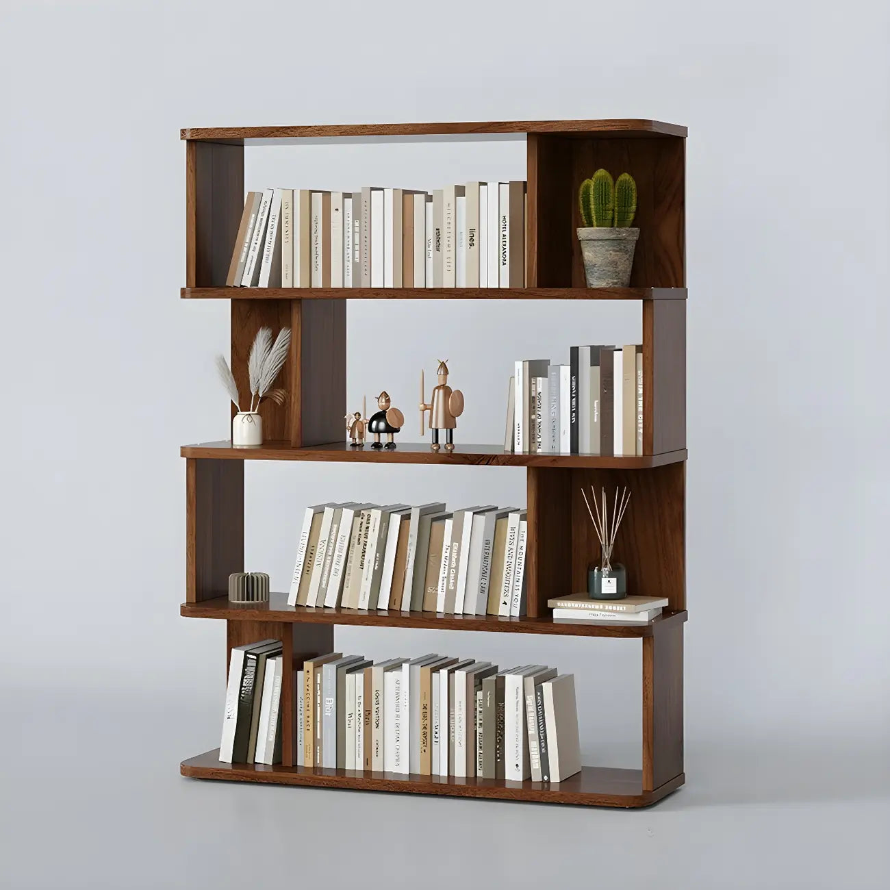 Bibliothèque moderne haute en noyer à 6 étagères et dos ouvert