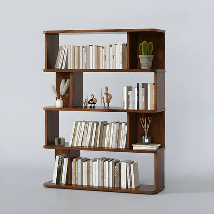 Bibliothèque moderne haute en noyer à 6 étagères et dos ouvert