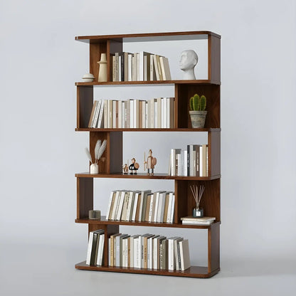 Bibliothèque moderne haute en noyer à 6 étagères et dos ouvert