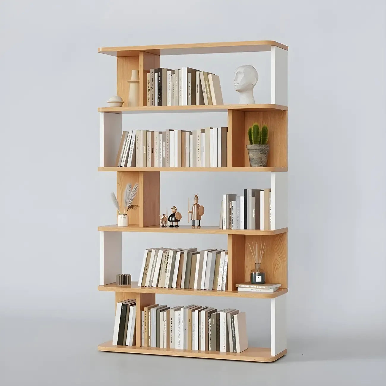 Bibliothèque moderne haute en noyer à 6 étagères et dos ouvert