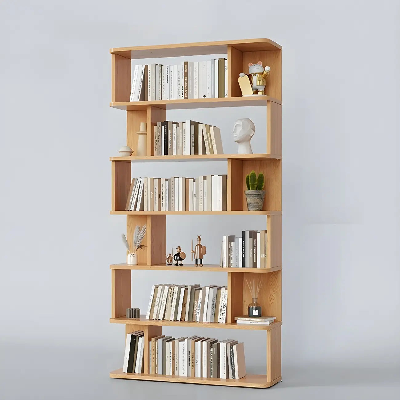 Bibliothèque moderne haute en noyer à 6 étagères et dos ouvert