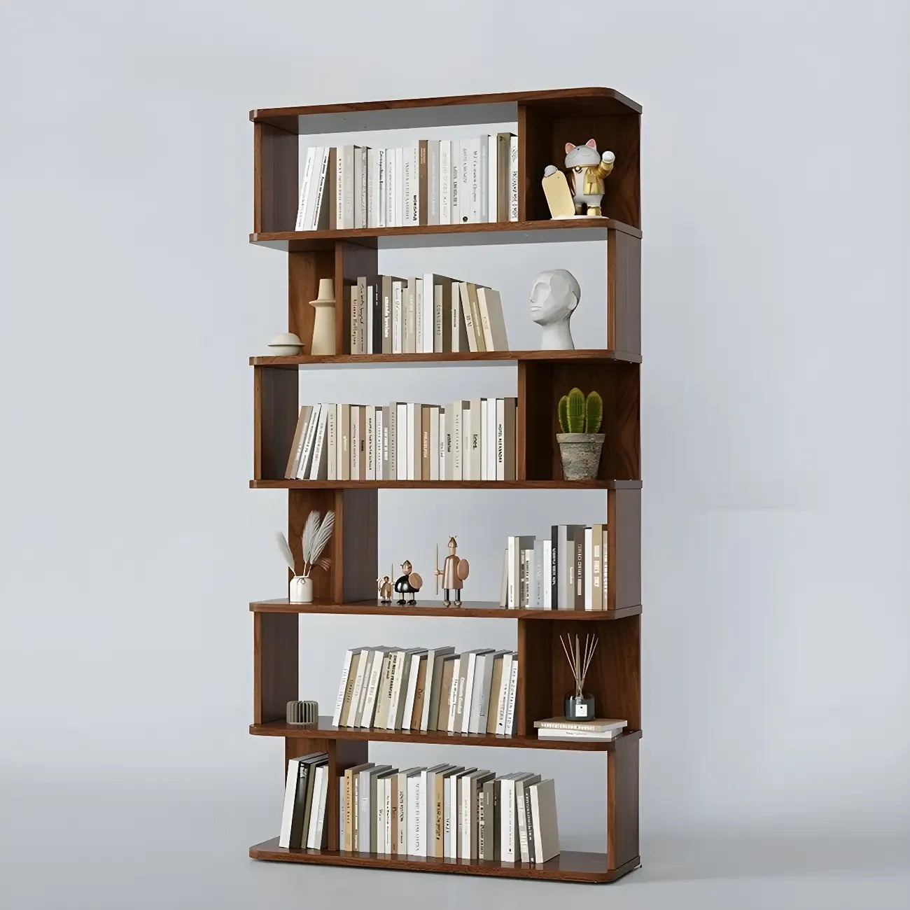 Bibliothèque moderne haute en noyer à 6 étagères et dos ouvert