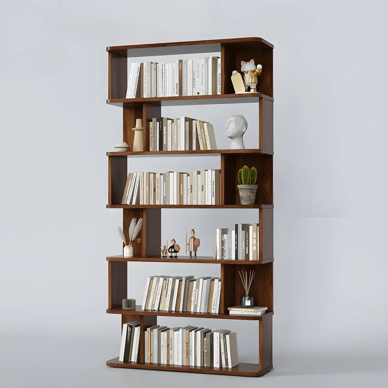 Bibliothèque moderne haute en noyer à 6 étagères et dos ouvert