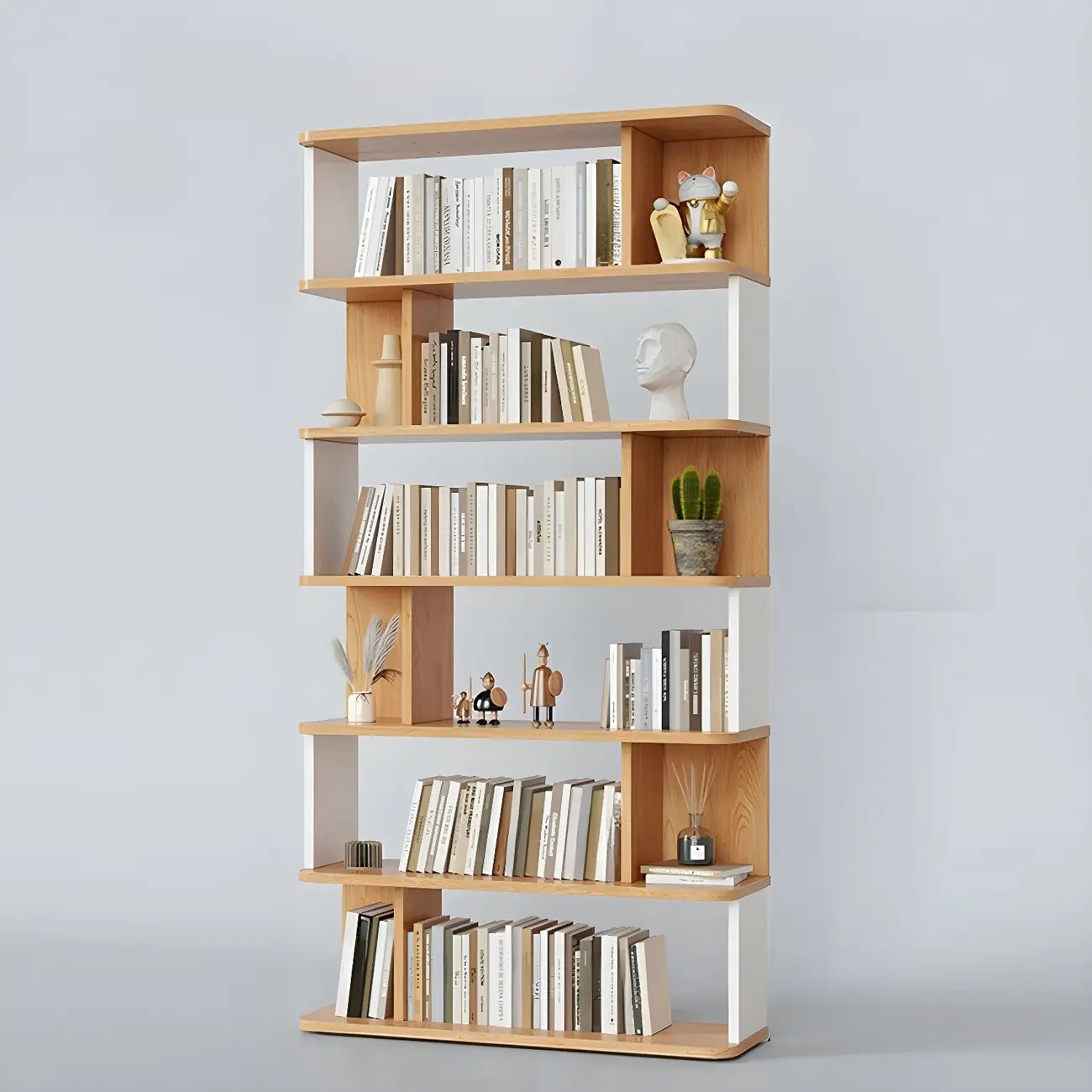 Bibliothèque moderne haute en noyer à 6 étagères et dos ouvert