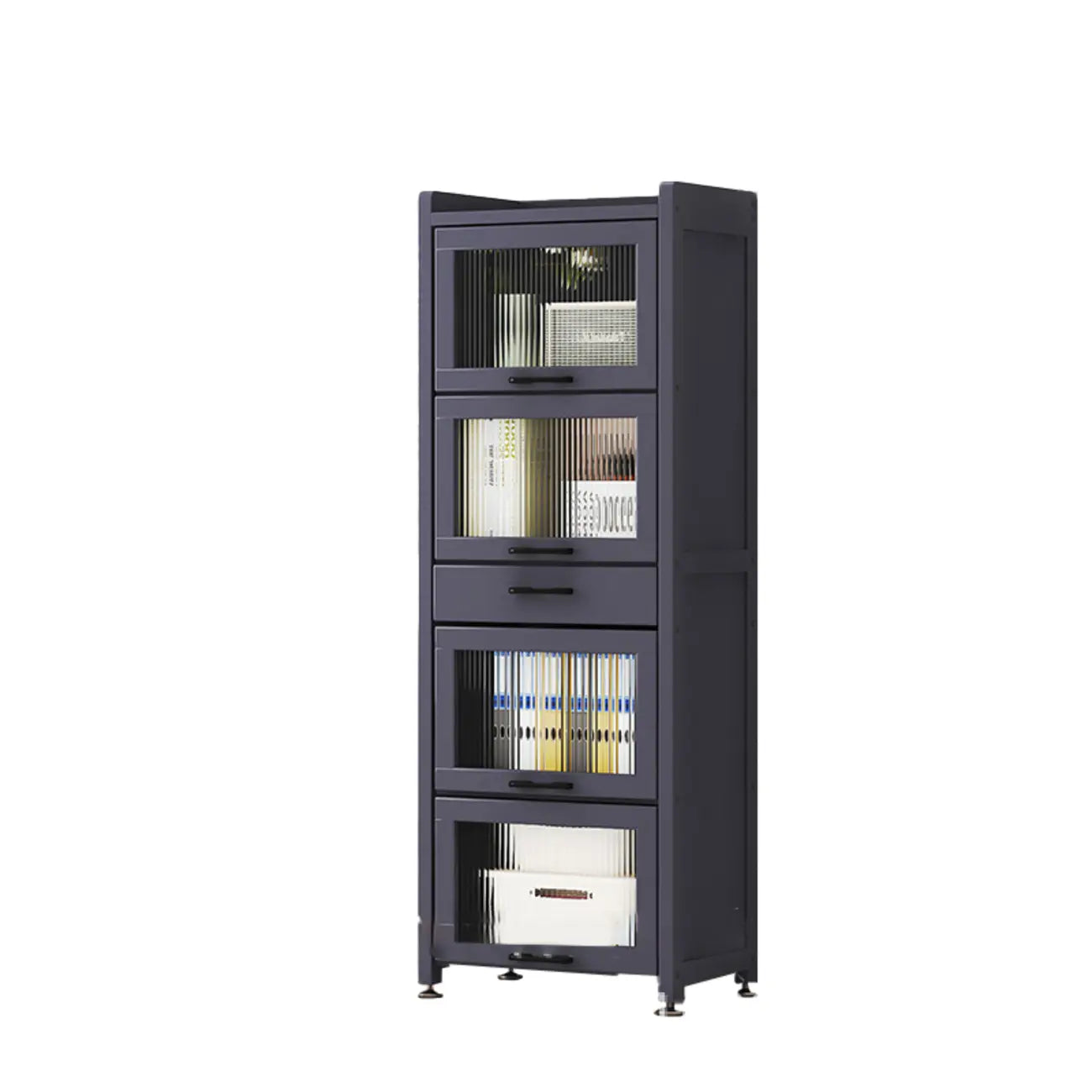 Bibliothèque de rangement étroite en bois gris à 5 niveaux avec portes