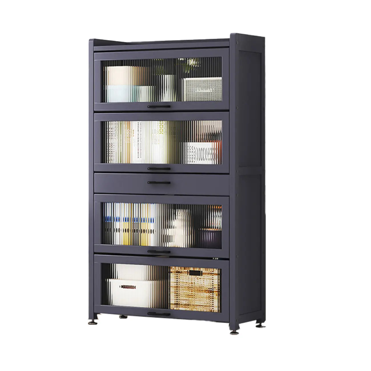 Bibliothèque de rangement étroite en bois gris à 5 niveaux avec portes