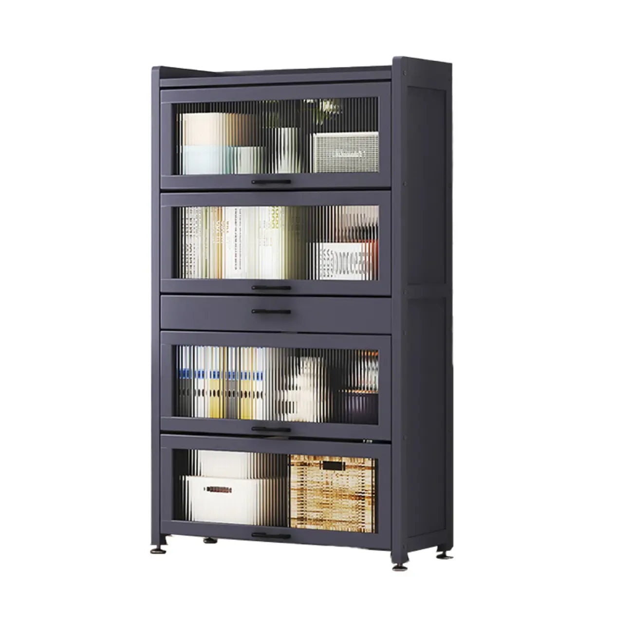 Bibliothèque de rangement étroite en bois gris à 5 niveaux avec portes