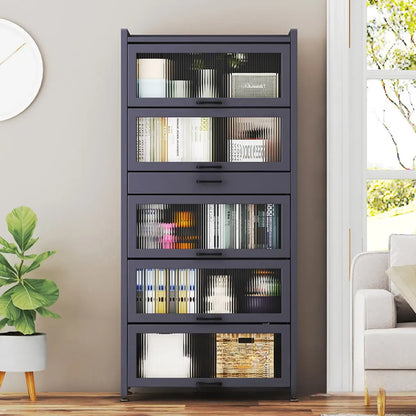 Bibliothèque de rangement étroite en bois gris à 5 niveaux avec portes