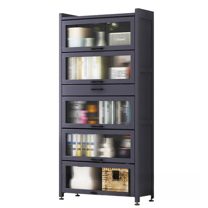 Bibliothèque de rangement étroite en bois gris à 5 niveaux avec portes