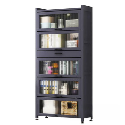 Bibliothèque de rangement étroite en bois gris à 5 niveaux avec portes