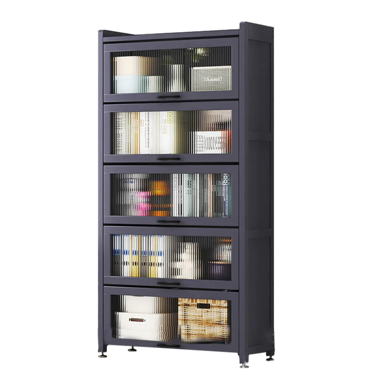 Bibliothèque de rangement étroite en bois gris à 5 niveaux avec portes