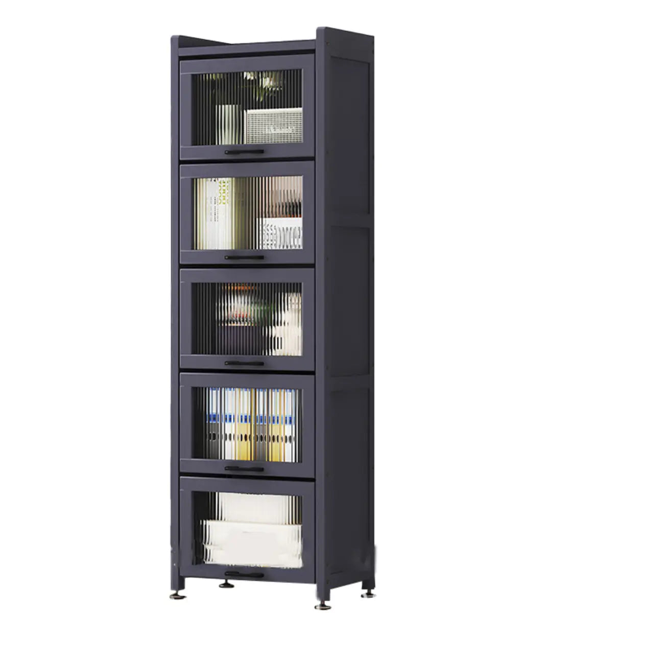 Bibliothèque de rangement étroite en bois gris à 5 niveaux avec portes