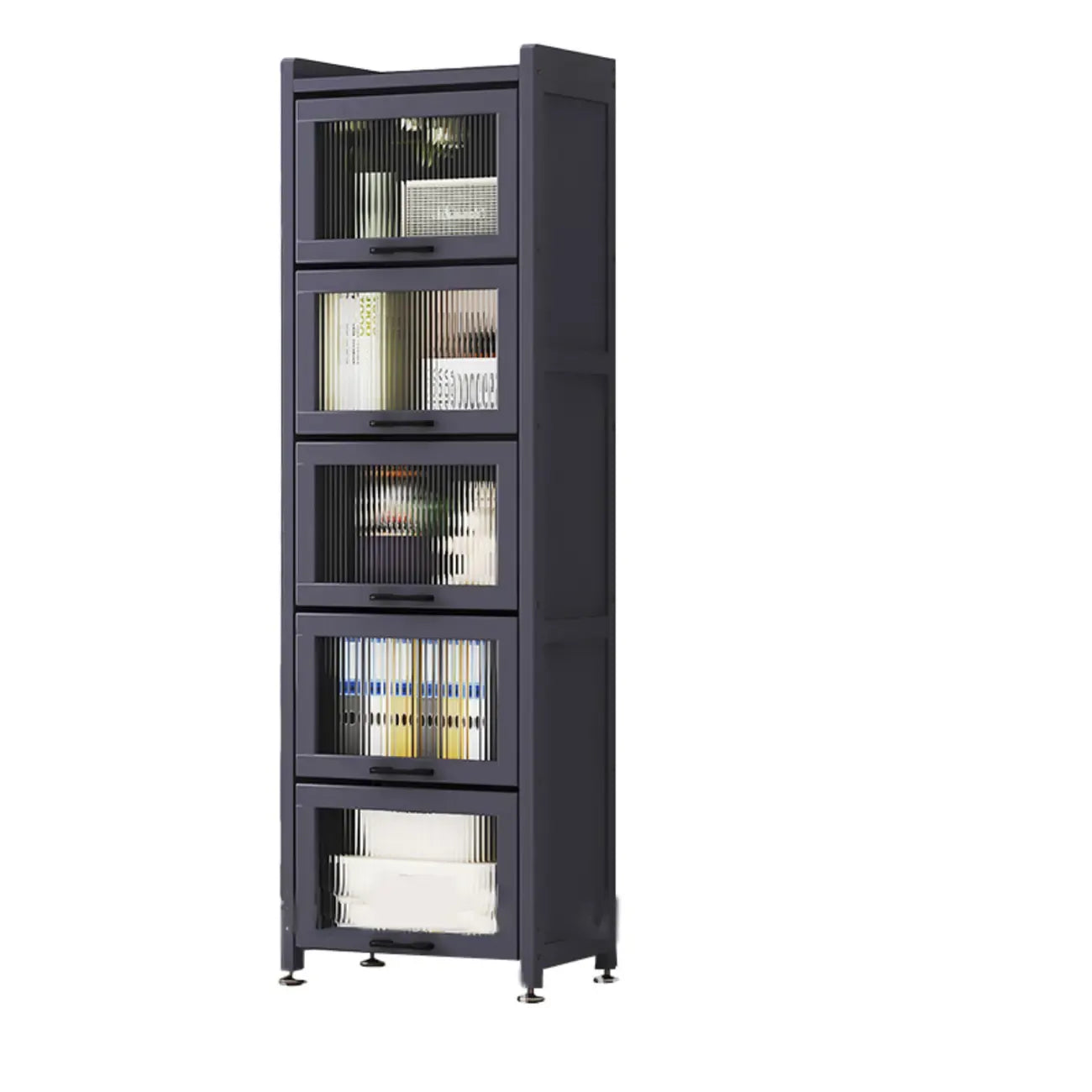 Bibliothèque de rangement étroite en bois gris à 5 niveaux avec portes