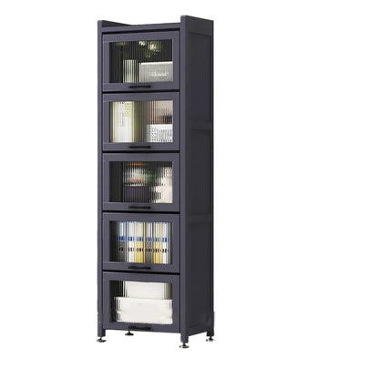 Bibliothèque de rangement étroite en bois gris à 5 niveaux avec portes