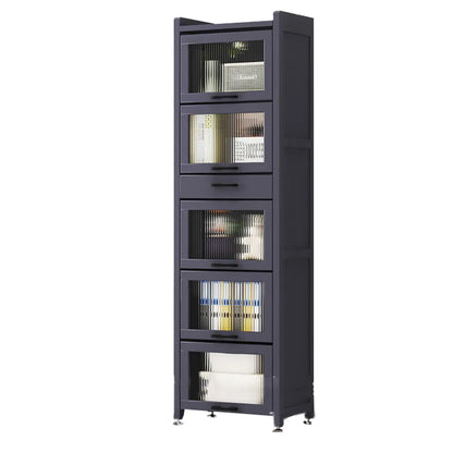 Bibliothèque de rangement étroite en bois gris à 5 niveaux avec portes