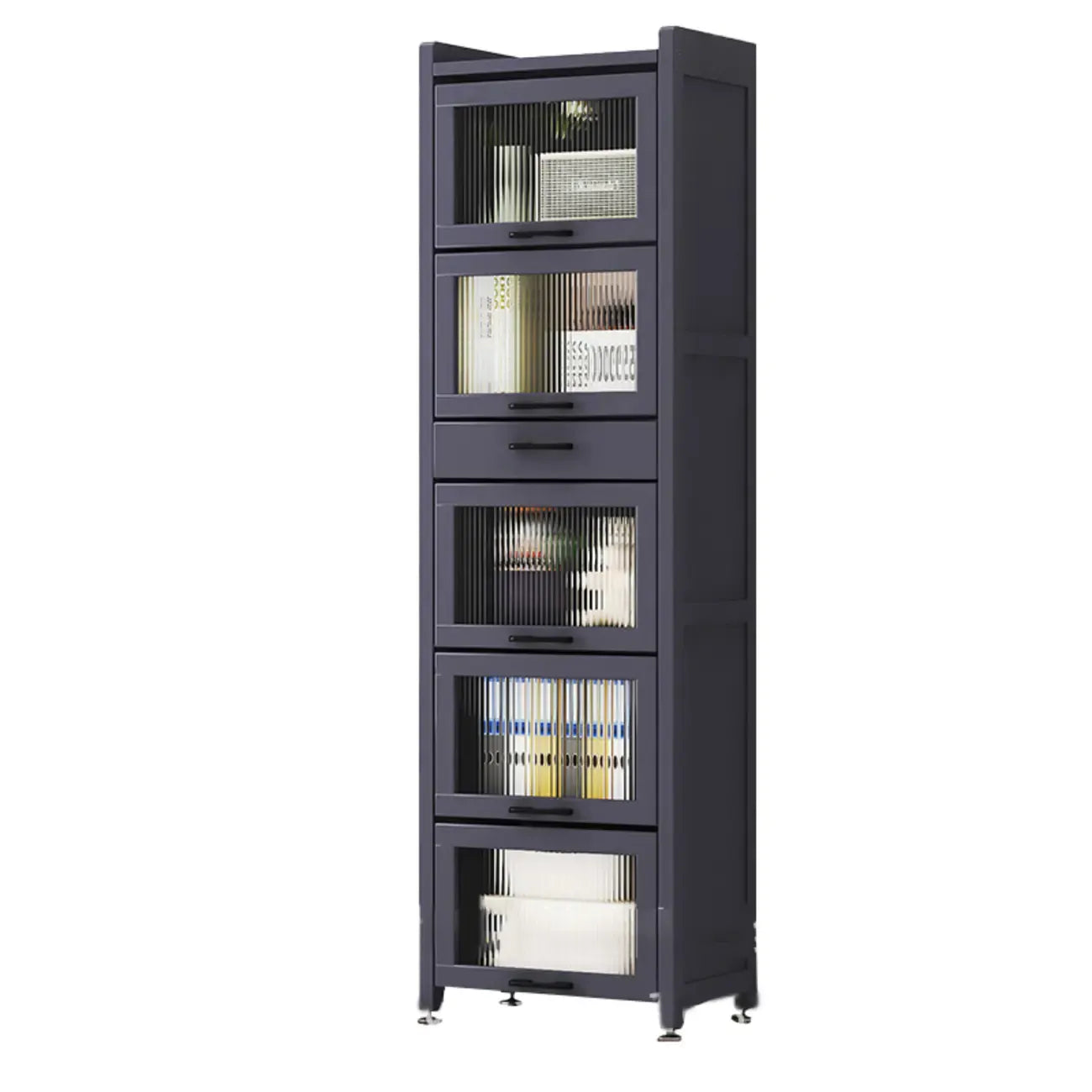 Bibliothèque de rangement étroite en bois gris à 5 niveaux avec portes