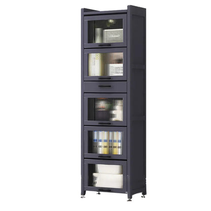 Bibliothèque de rangement étroite en bois gris à 5 niveaux avec portes