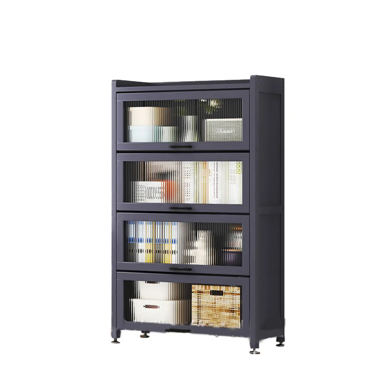 Bibliothèque de rangement étroite en bois gris à 5 niveaux avec portes