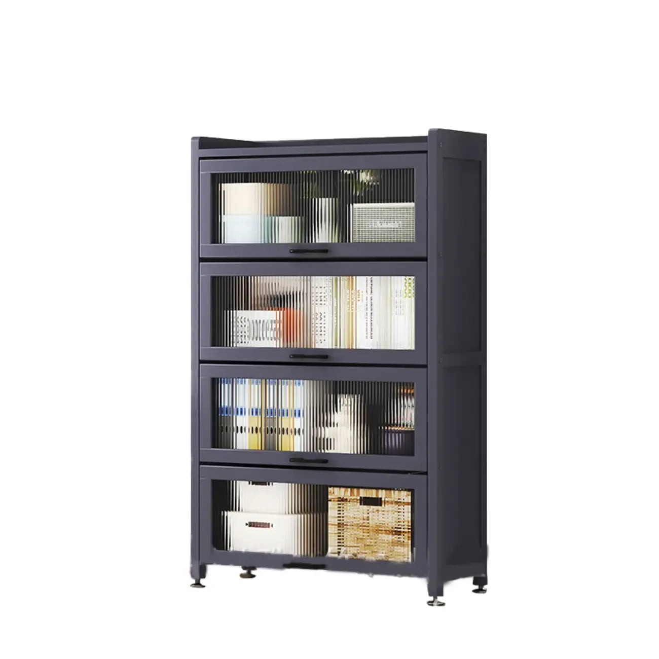 Bibliothèque de rangement étroite en bois gris à 5 niveaux avec portes